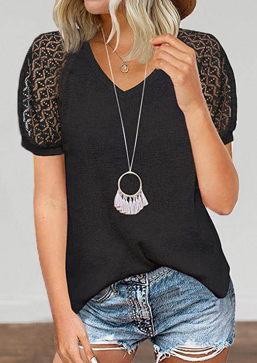 

Lace Short Sleeve V-Neck Blouse - Black, 527386