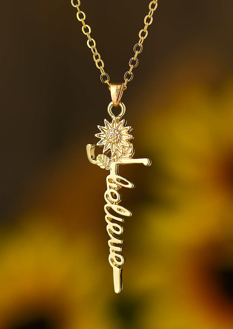 

Sunflower Cross Believe Alloy Necklace, Gold;silver, 528262