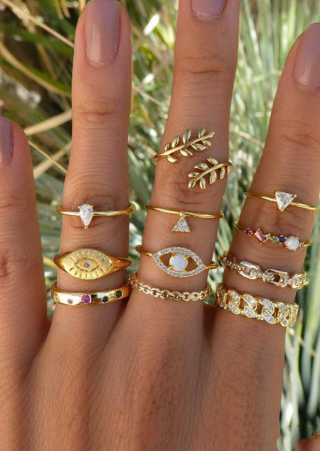

11Pcs Eye Rhinestone Hollow Out Ring Set, Gold, 528573