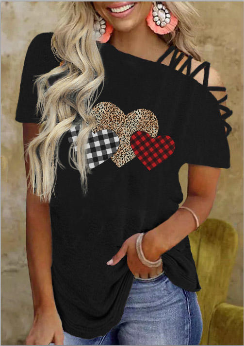 

Heart Plaid Leopard Cold Shoulder Blouse - Black, 528964