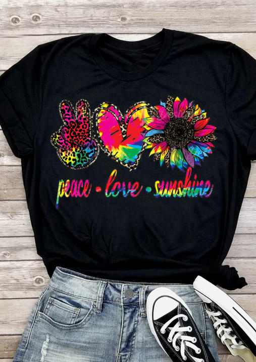 

Peace Love Sunshine Sunflower Leopard T-Shirt Tee - Black, 529124