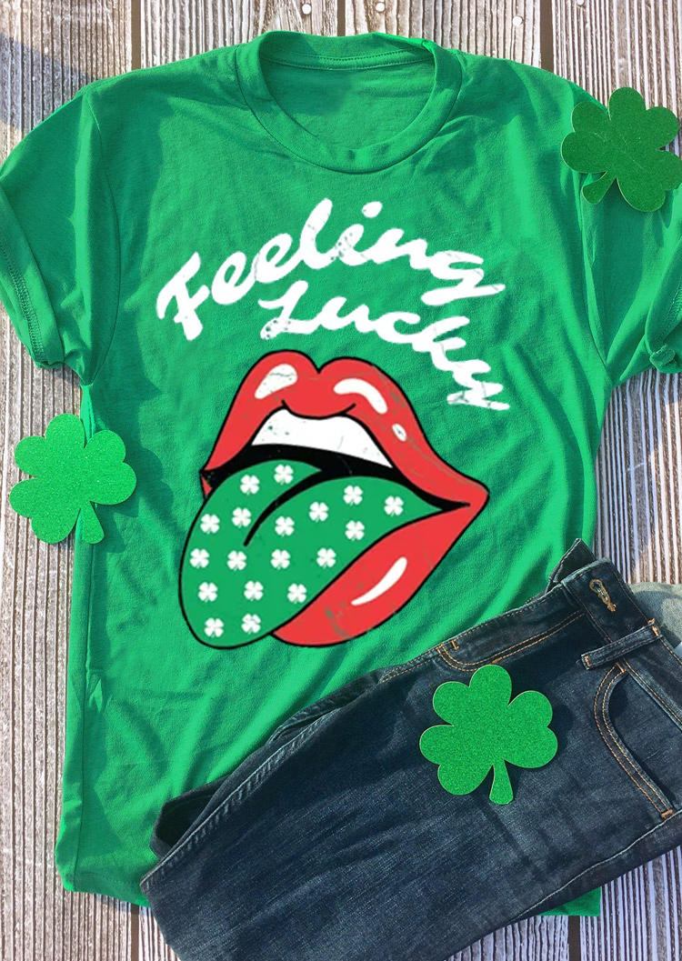

St. Patrick's Day Feeling Lucky Shamrock Lips T-Shirt Tee - Green, 529125