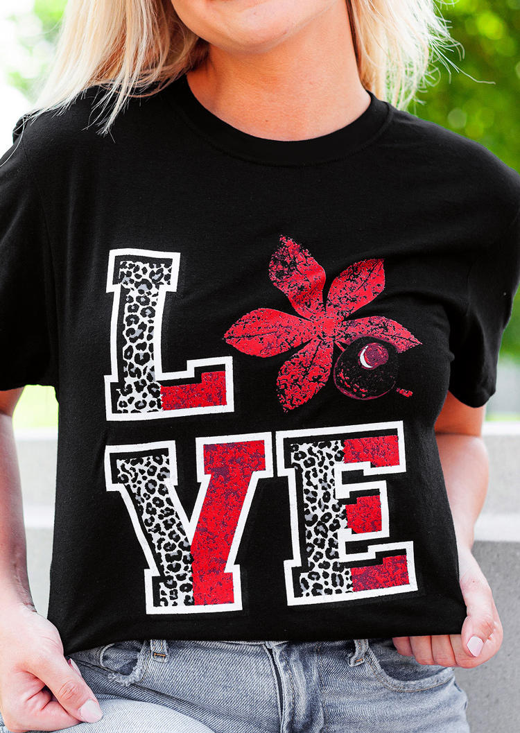 Maple Leaf Love Leopard T-Shirt Tee - Black