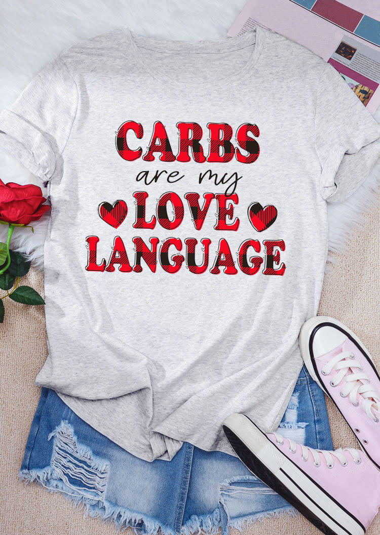 Valentine Carbs Are My Love Language Plaid T-Shirt Tee - Light Grey