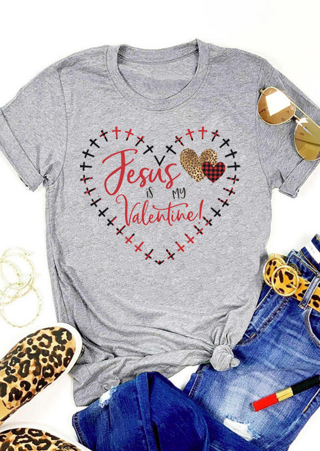 

Jesus Is My Valentine Leopard Plaid Heart T-Shirt Tee - Light Grey, 529192