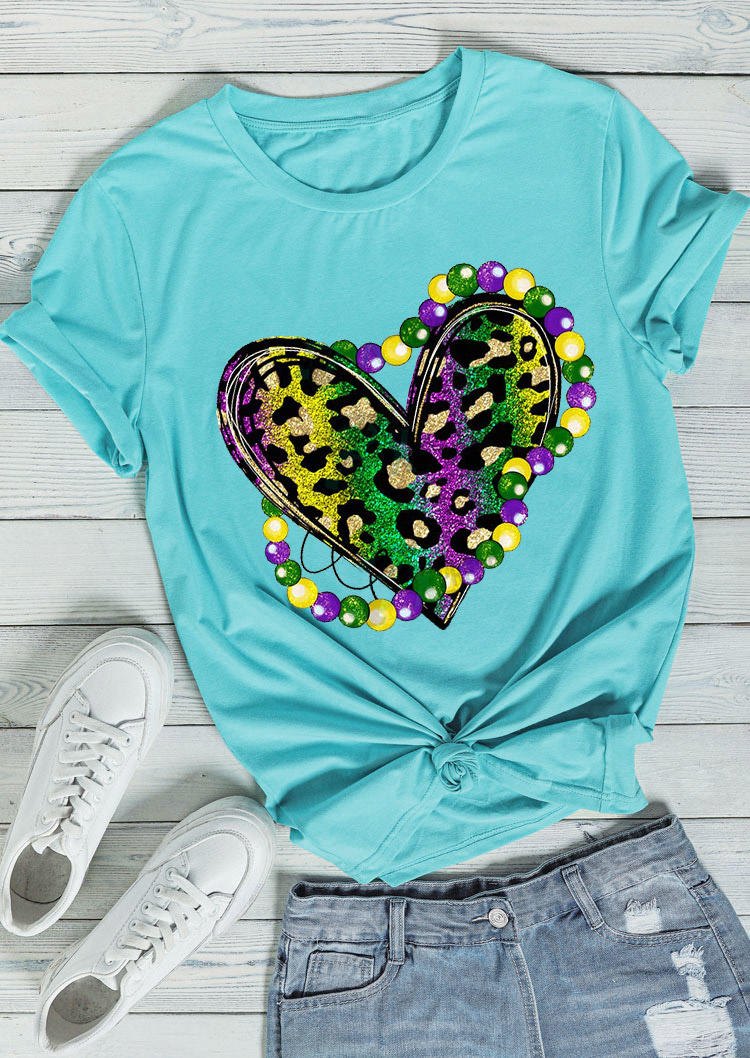 Valentine Leopard Heart T-Shirt Tee - Cyan