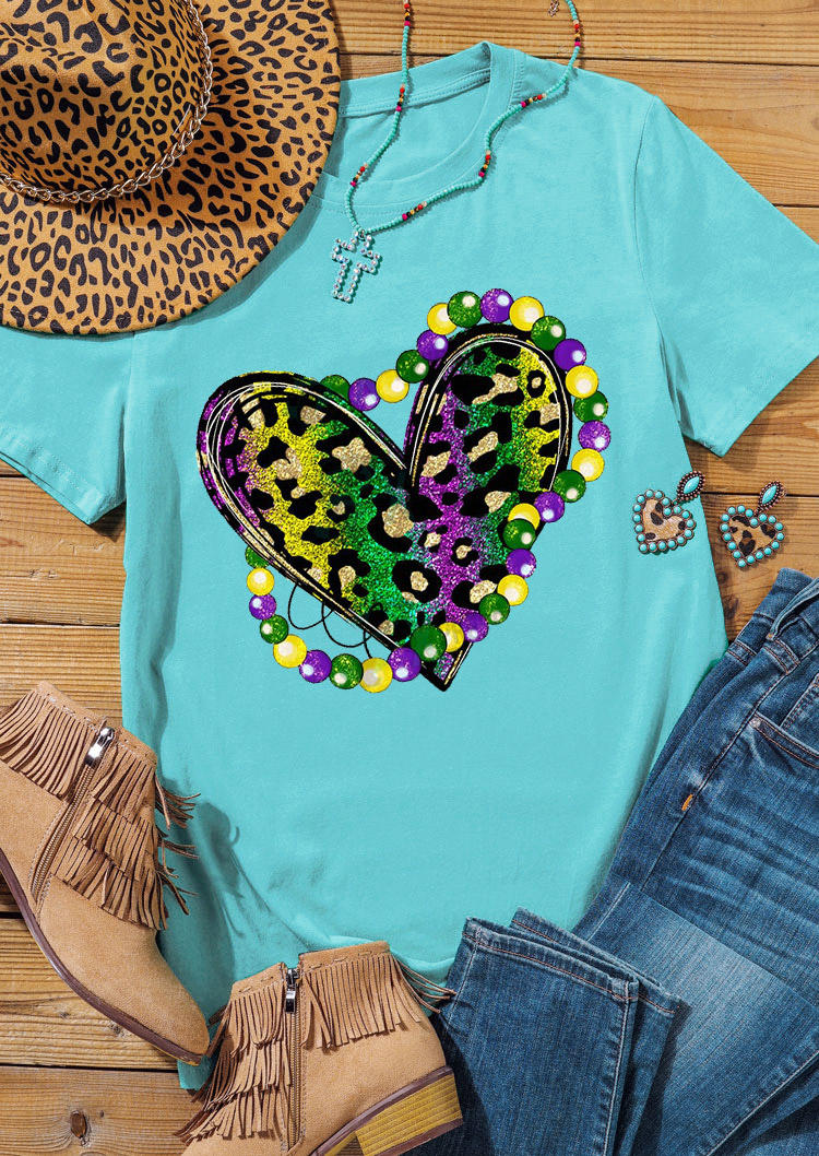 

Mardi Gras Leopard Heart T-Shirt Tee - Cyan, Blue, 529199