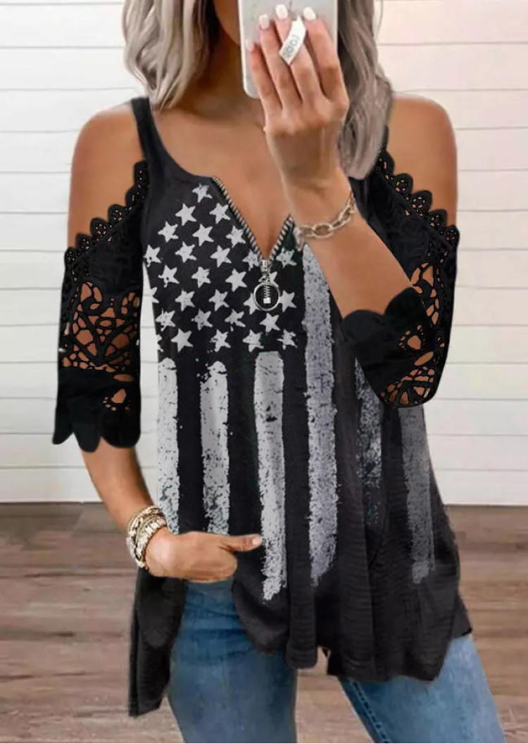 American Flag Lace Zipper Cold Shoulder Blouse - Black