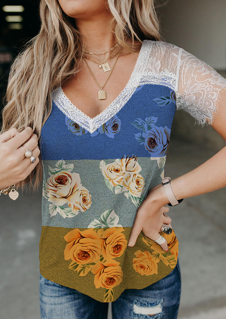 

Lace Splicing Floral Color Block Blouse, Multicolor, SCM000160