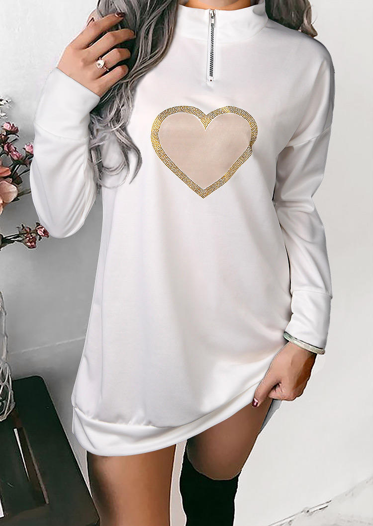 

Zipper Heart Long Sleeve Sweatshirt Mini Dress - White, 527287