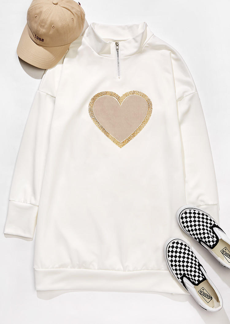 Zipper Heart Long Sleeve Sweatshirt Mini Dress - White