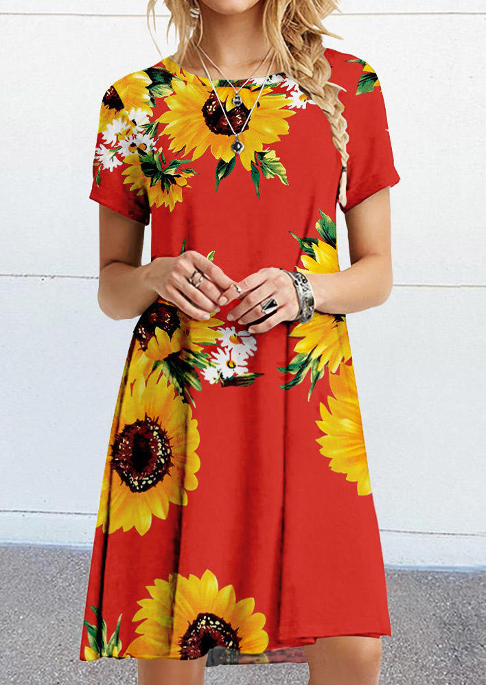 

Sunflower Short Sleeve O-Neck Mini Dress - Red, 527349