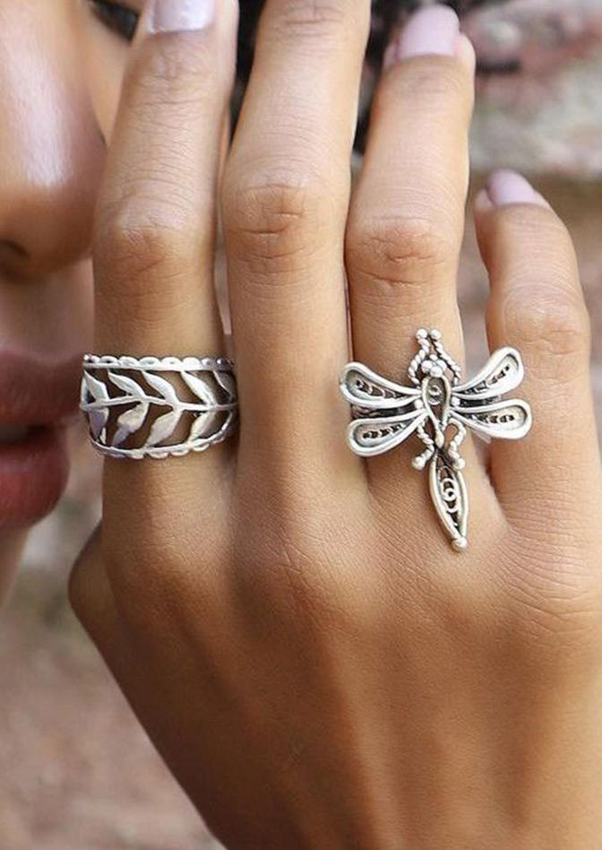

2Pcs Dragonfly Leaf Alloy Ring Set, Silver, 529411
