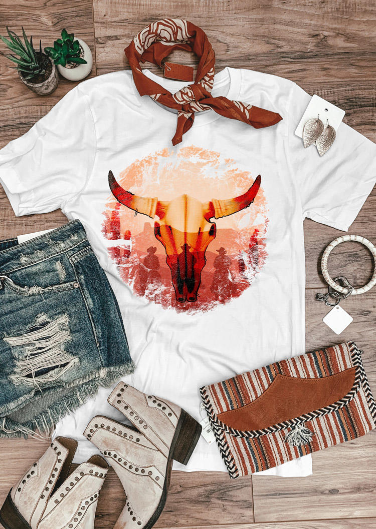 

Steer Skull Cowboy Sunrise T-Shirt Tee - White, 529453