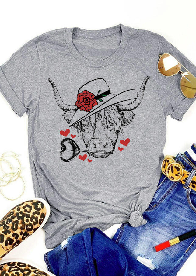 

Steer Skull Rose Heart T-Shirt Tee - Gray, 529471