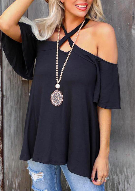 

Criss-Cross Halter Cold Shoulder Blouse - Black, SCM000057