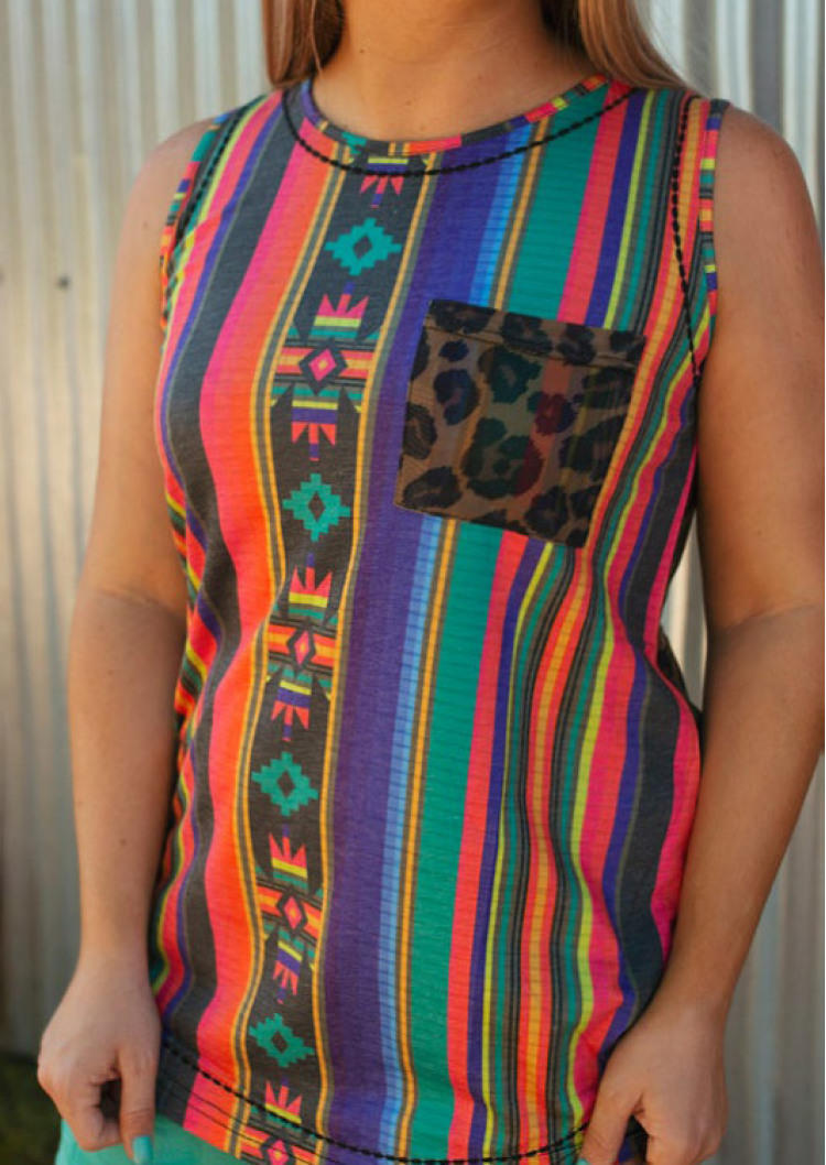 Aztec Geometric Vertical Striped Leopard Pocket Tank