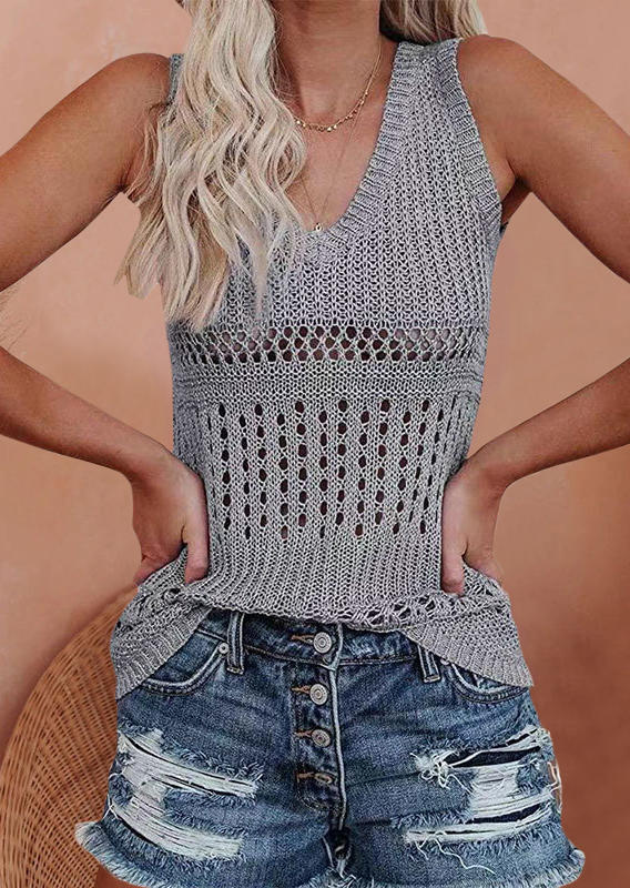 

Hollow Out V-Neck Sweater Tank - Gray, 526540