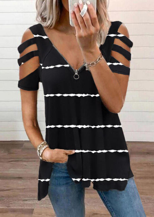 

Striped Zipper Cold Shoulder Blouse - Black, 528491