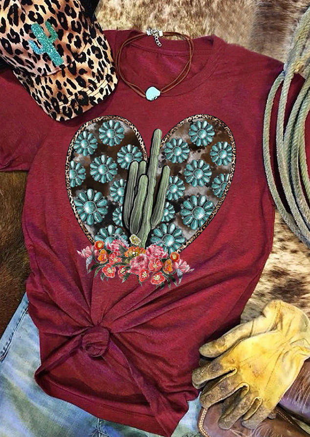 

Cactus Turquoise Heart T-Shirt Tee - Burgundy, 529503