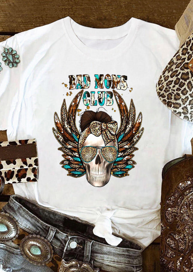 

Bad Mom Club Leopard Skull Wing T-Shirt Tee - White, 529507