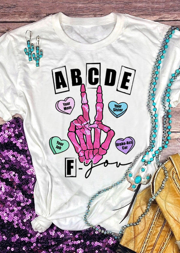 

ABCDE F-You Heart Skeleton Hand T-Shirt Tee - White, 529537