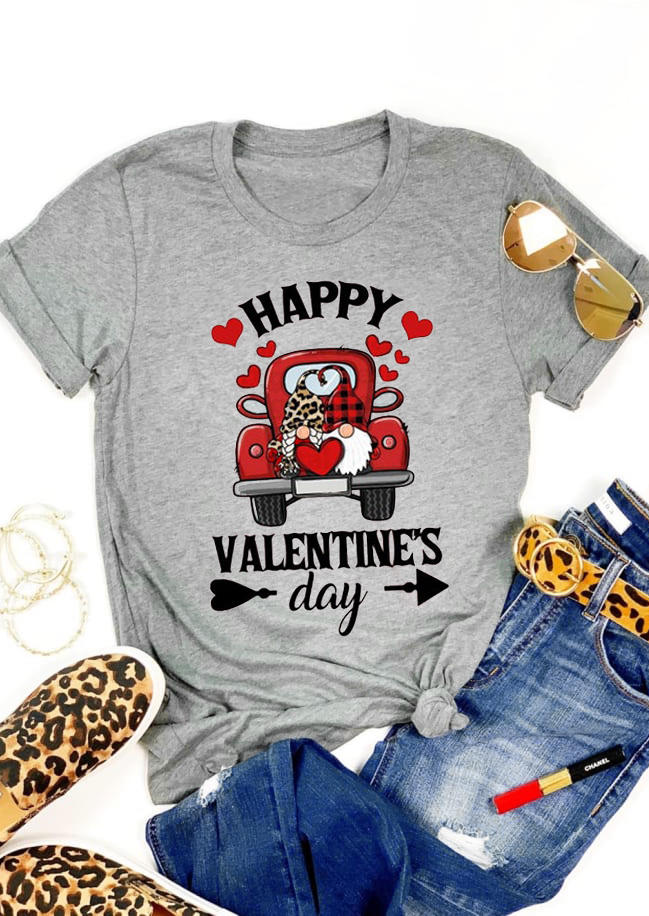 Happy Valentine's Day Leopard Plaid Gnomies T-Shirt Tee - Gray