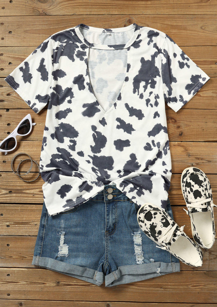 Cow Cut Out Short Sleeve Blouse without Black Camisole
