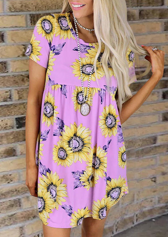 

Sunflower Short Sleeve O-Neck Mini Dress - Purple, 527611