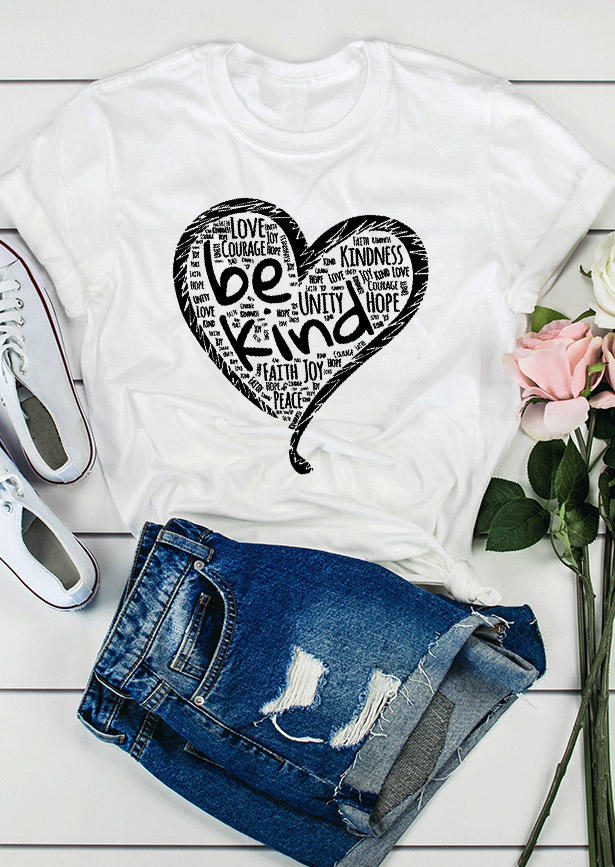 

Be Kind Love Heart O-Neck T-Shirt Tee - White, 528089