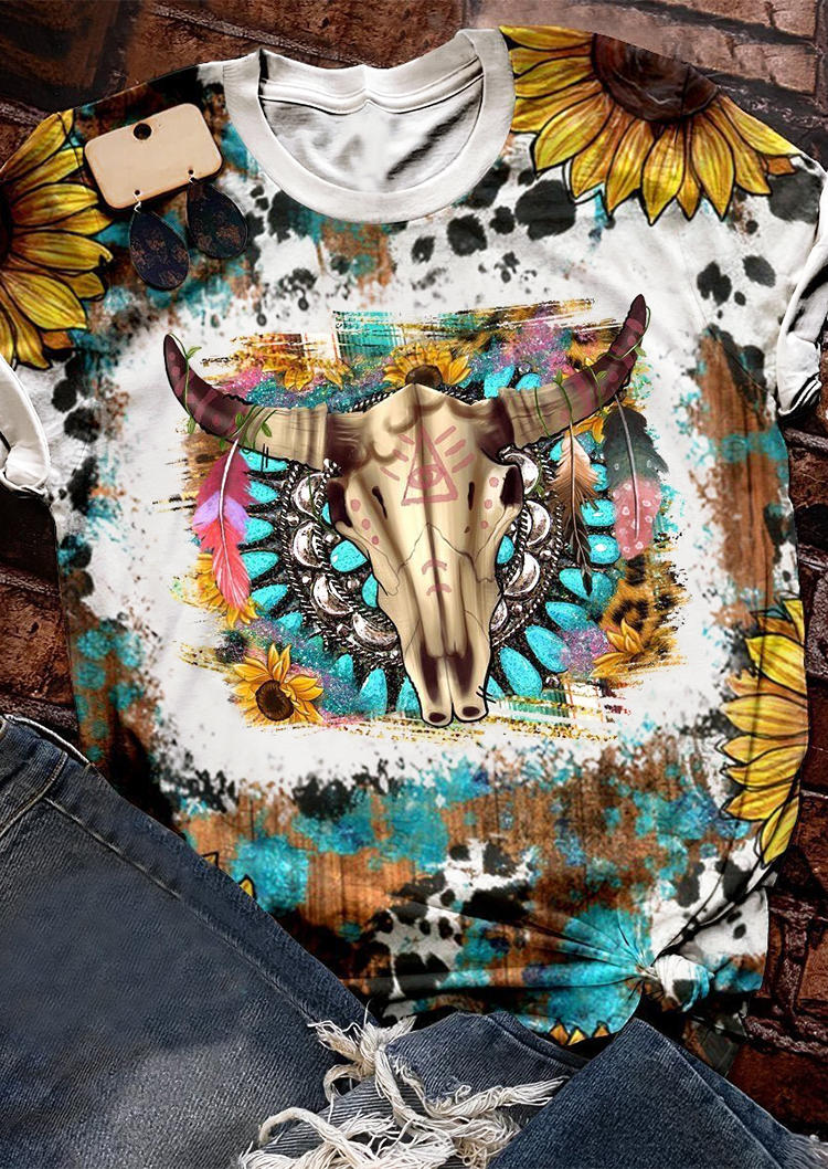 Steer Skull Sunflower Tie Dye T-Shirt Tee