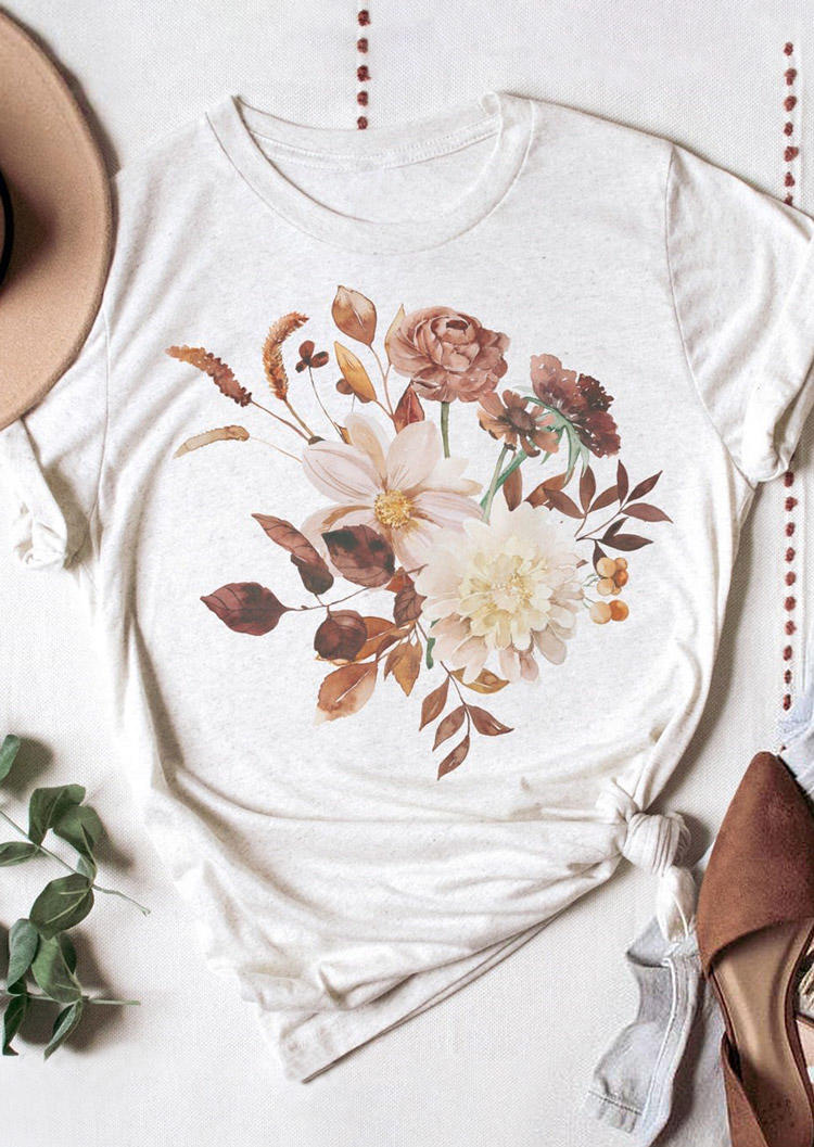 Floral O-Neck T-Shirt Tee - Light Grey, 529110