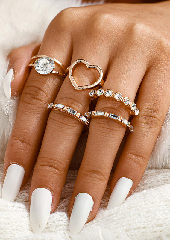 

5Pcs Heart Rhinestone Alloy Ring Set, Gold, 529285