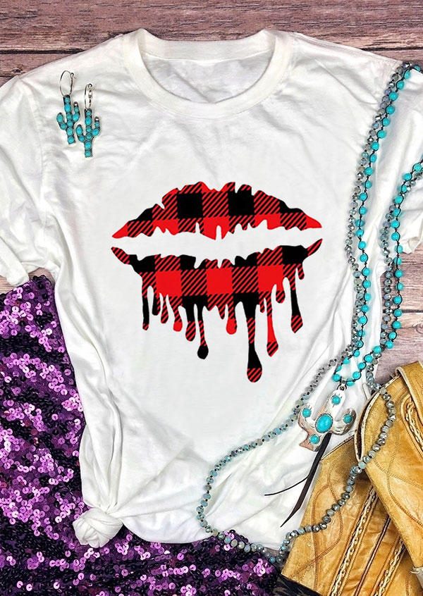 

Plaid Lips T-Shirt Tee - White, 529459