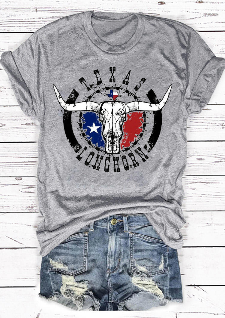 

Texan Longhorn O-Neck T-Shirt Tee - Gray, 529613