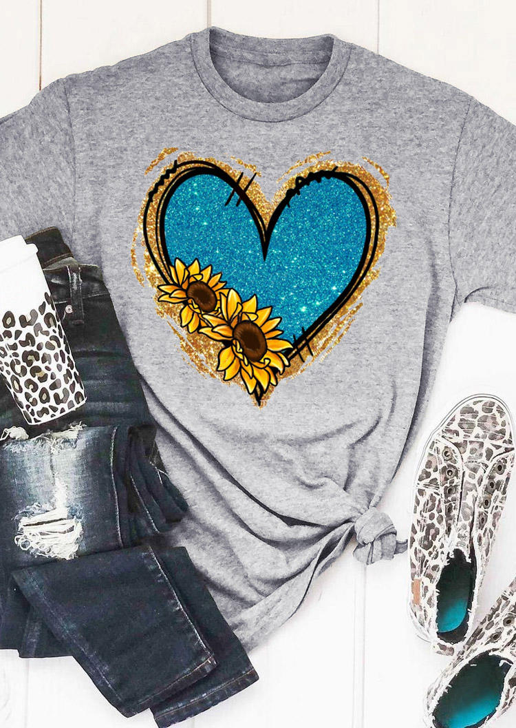 

Heart Sunflower T-Shirt Tee - Gray, 529620