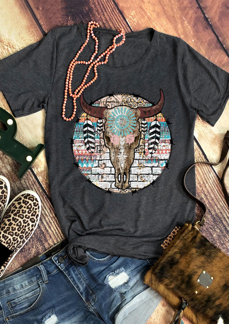 

Vintage Steer Skull Feather T-Shirt Tee - Dark Grey, 529628
