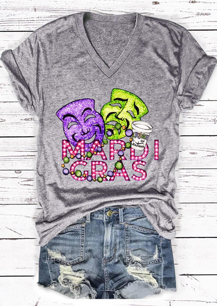 

Mardi Gras V-Neck T-Shirt Tee - Gray, 529674