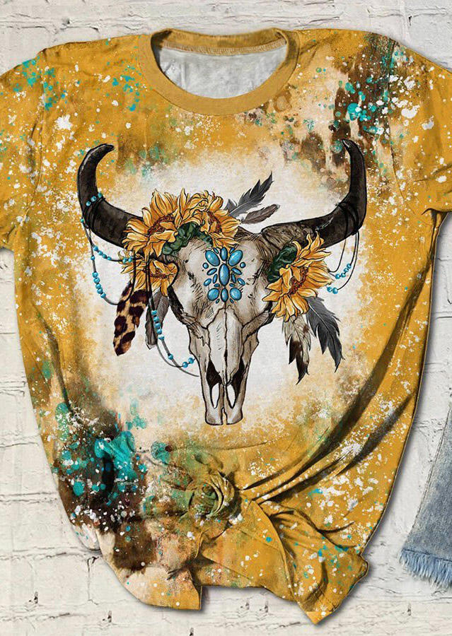 Buy Steer Skull Sunflower Bleached T-Shirt Tee - Yellow. Picture