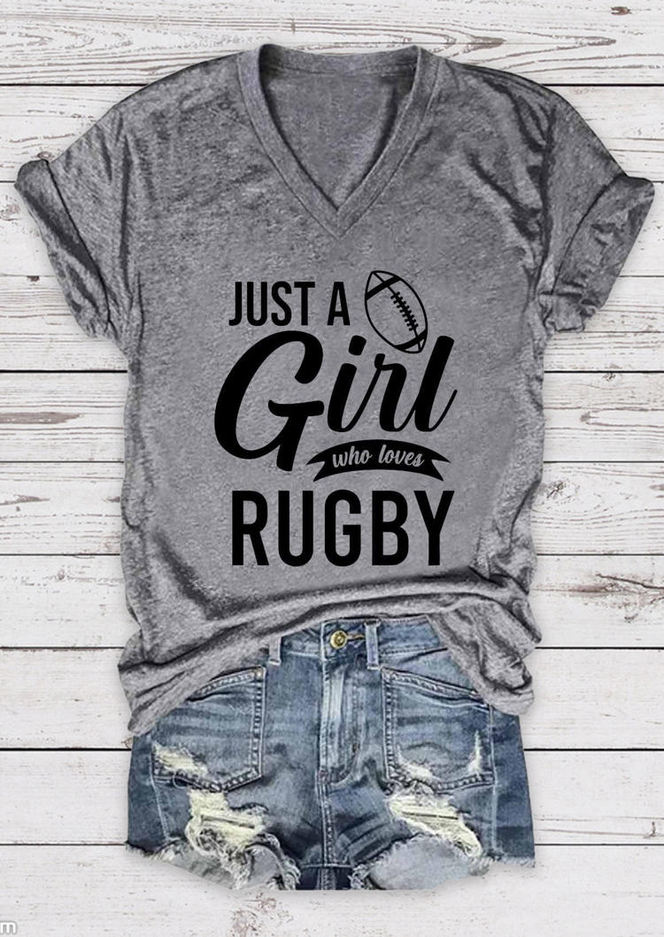 

Just A Girl Who Loves Rugby V-Neck T-Shirt Tee - Gray, 529590