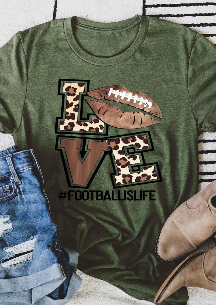

Football Love Leopard T-Shirt Tee - Army Green, 529596