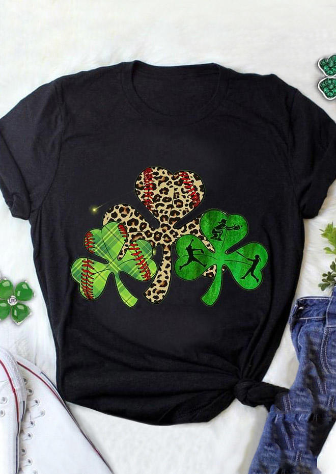 

St. Patrick' Day Lucky Shamrock Leopard T-Shirt Tee - Black, 529605