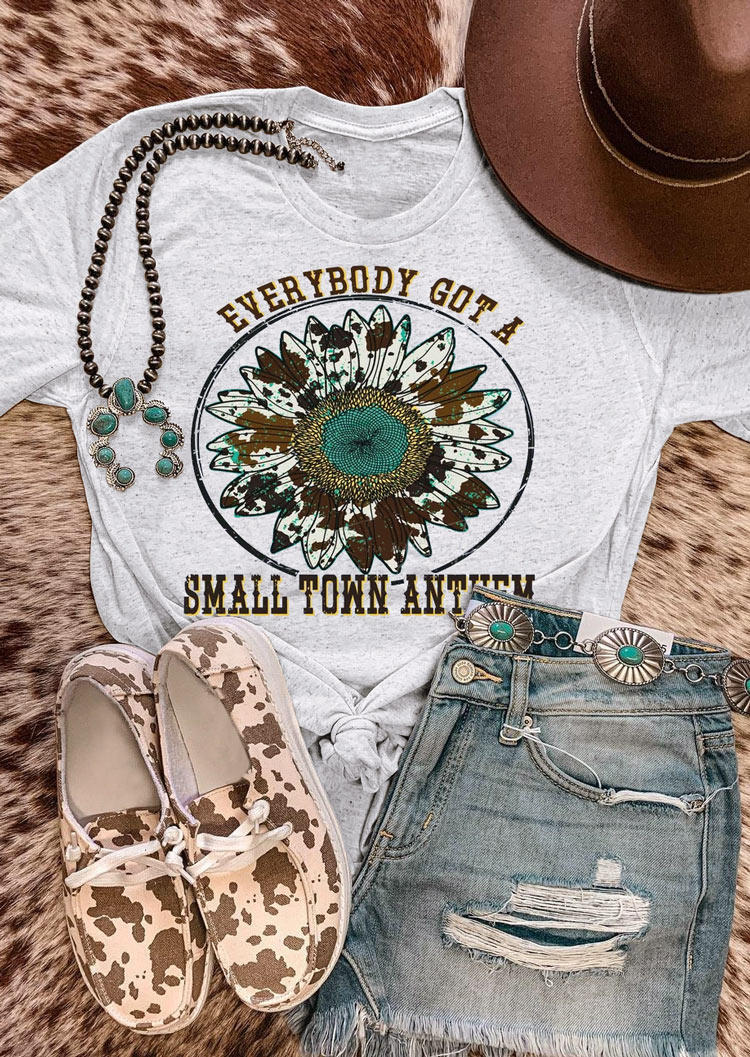 

Small Town Anthem Cow Sunflower T-Shirt Tee - Light Grey, 529622