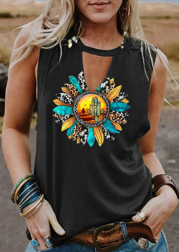 

Leopard Cactus Sunflower Keyhole Neck Tank - Dark Grey, 529626