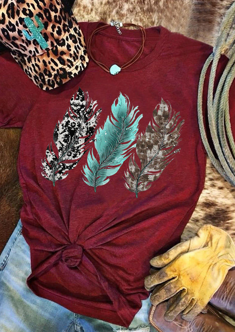 

Western Cow Feather T-Shirt Tee - Burgundy, 529636
