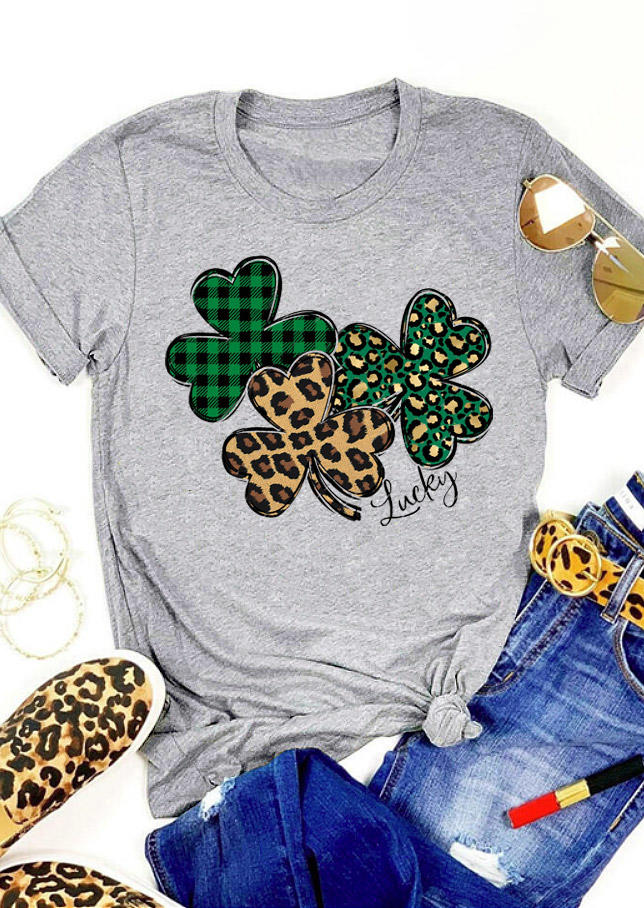 

St. Patrick's Day Lucky Shamrock Leopard T-Shirt Tee - Light Grey, 529660