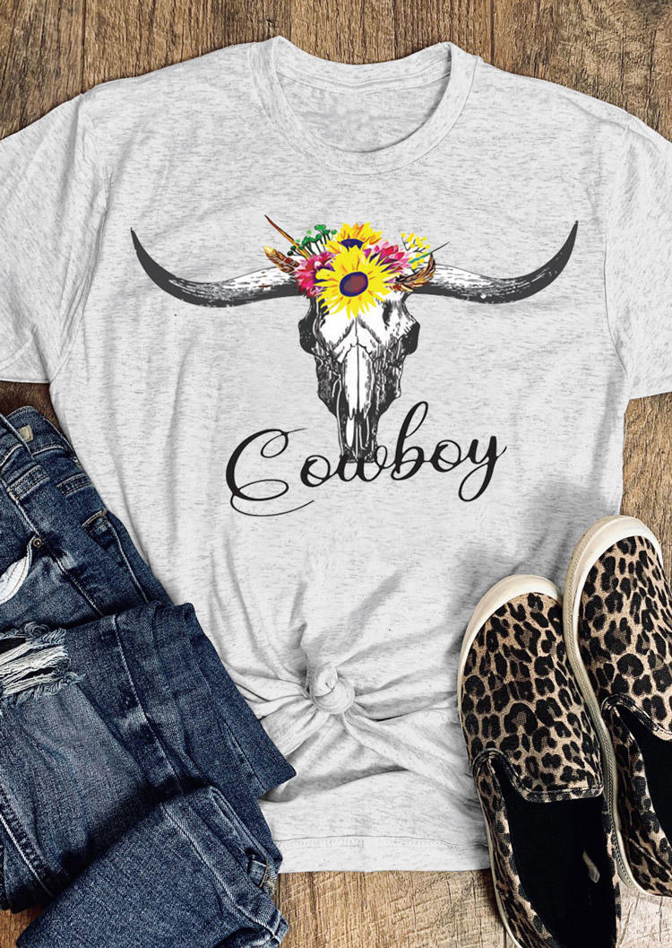 

Cowboy Floral Steer Skull T-Shirt Tee - Light Grey, 529967