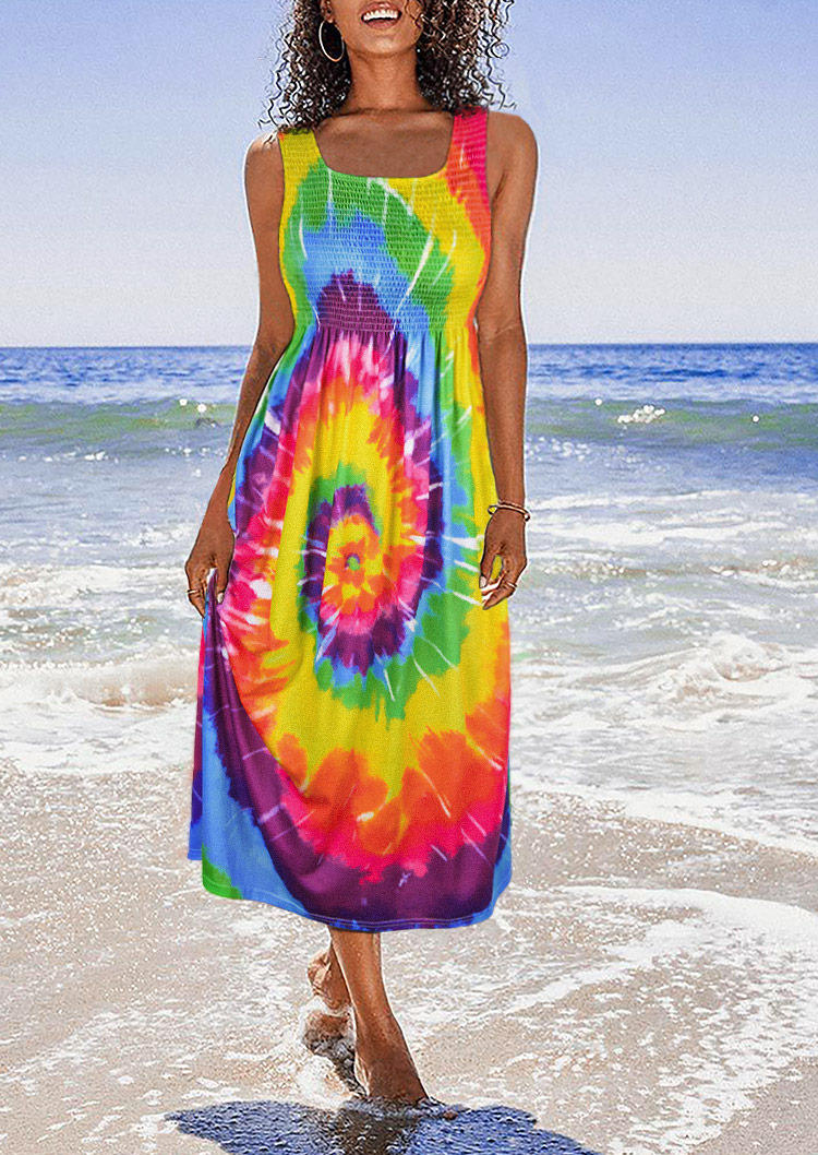 Tie Dye Smocked Sleeveless Maxi Dress