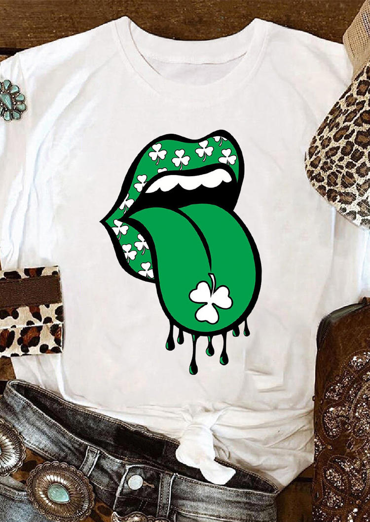 

St. Patrick' Day Lucky Shamrock Lips T-Shirt Tee - White, 529960