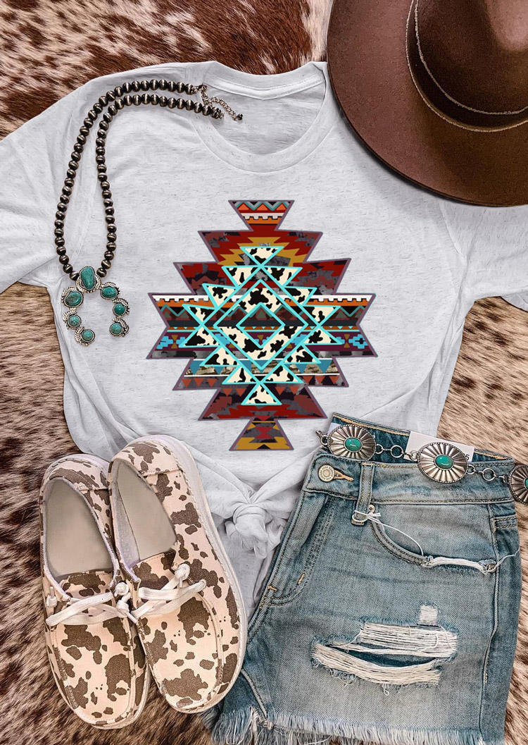 

Aztec Geometric Cow O-Neck T-Shirt Tee - Light Grey, 529963